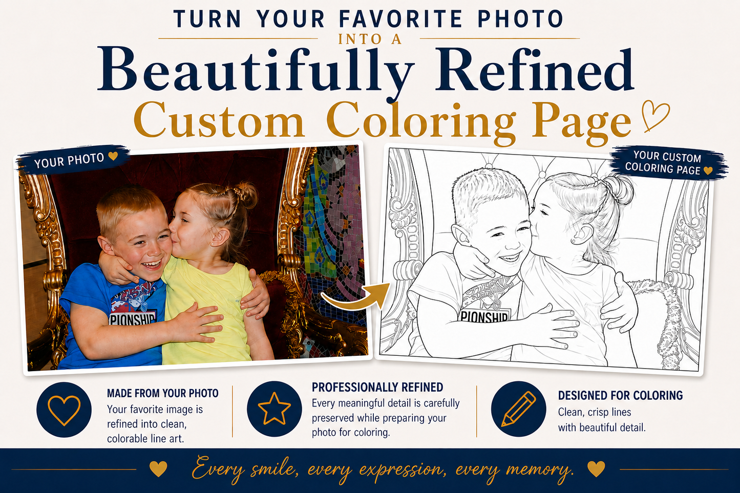 Custom photo transformed into a printable coloring page digital download