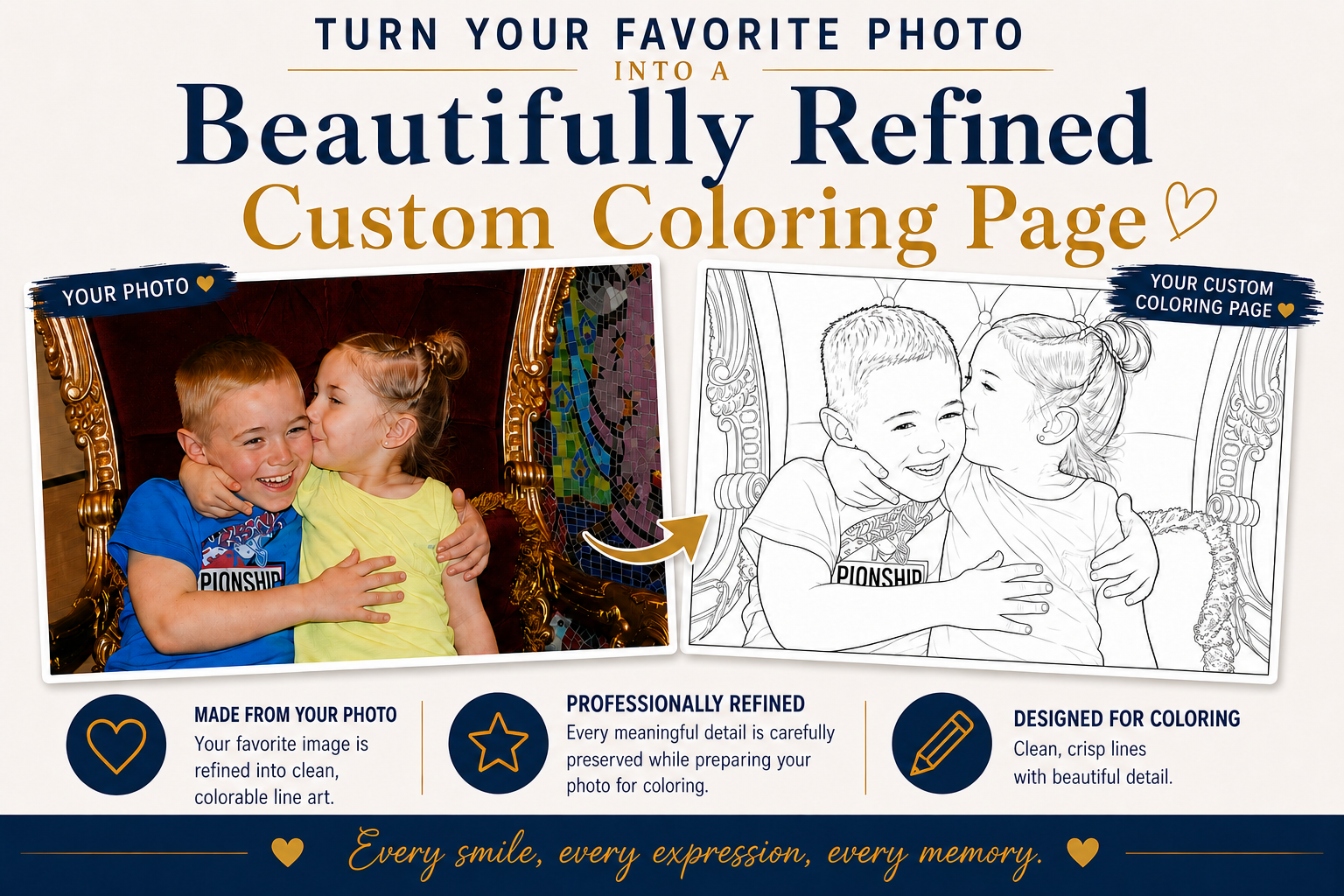 Custom photo transformed into a printable coloring page digital download
