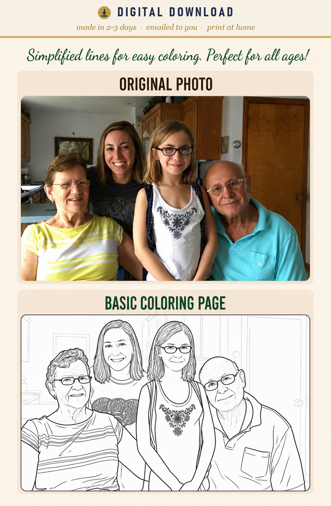 Custom family portrait line art from your photo — digital download