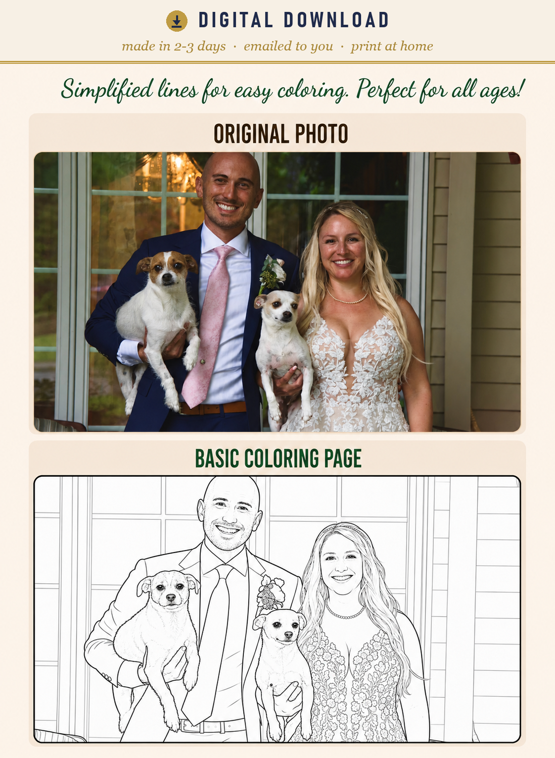 Custom wedding portrait line art from your photo — digital download