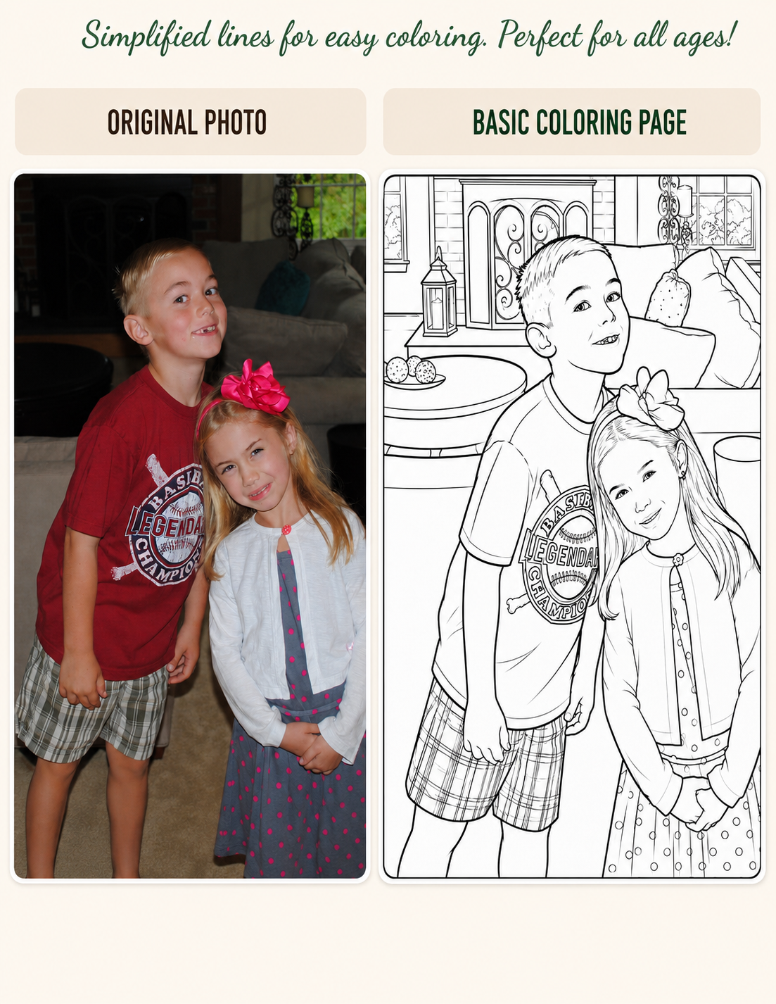 Photo to coloring page transformation example